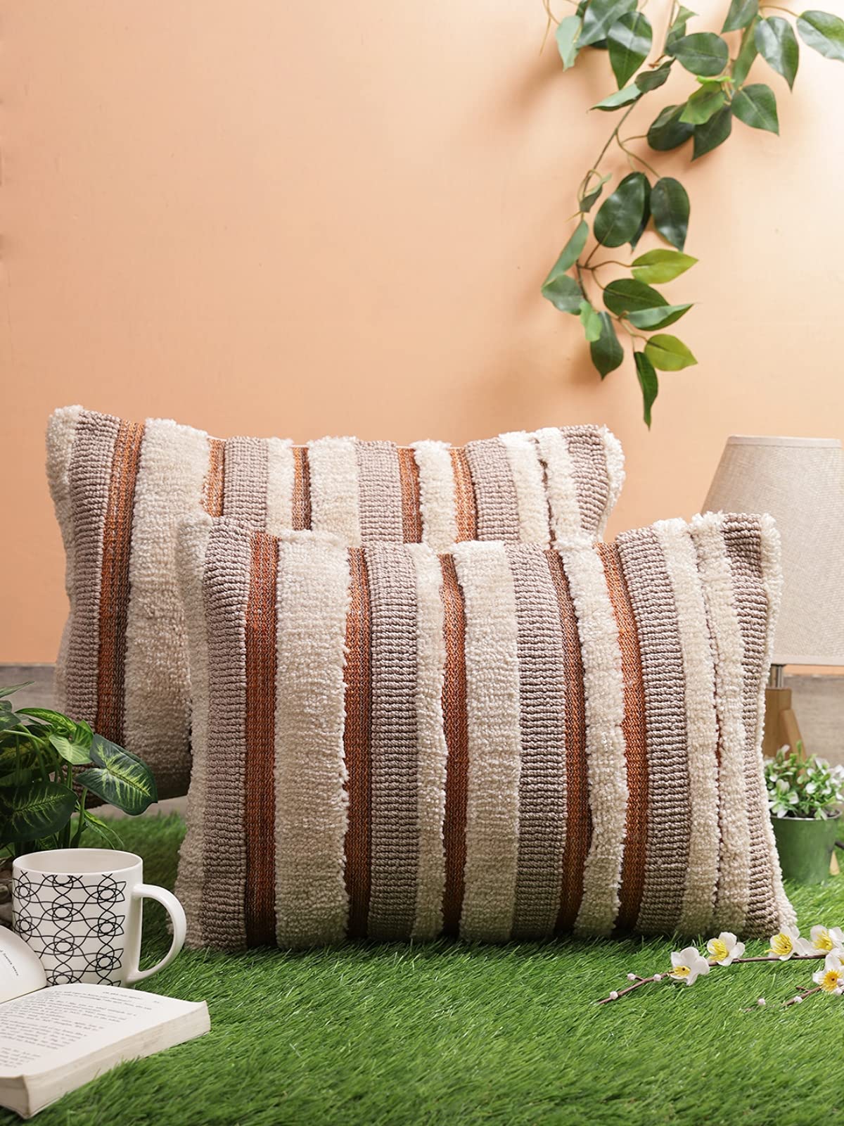 ROMEE Cotton Tufted Pillow Cushion Cover Hand Woven, Check Pattern for Living Room, Sofa Chair (12 X 18 Inches, Off White & Brown, Pack of 2)