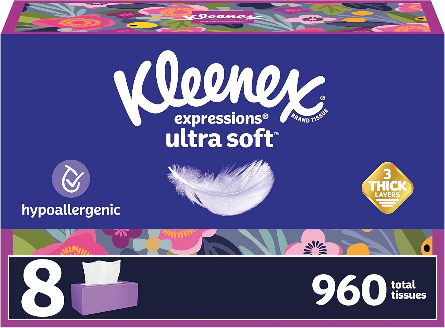 Kleenex Expressions Ultra Soft Facial Tissues, 8 Flat Boxes, 120 Tissues per Box, 3-Ply White 120 Count (Pack of 8)