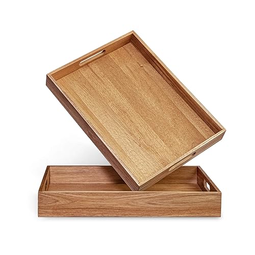 Acacia Wood Serving Tray with Handles Set of 2 –