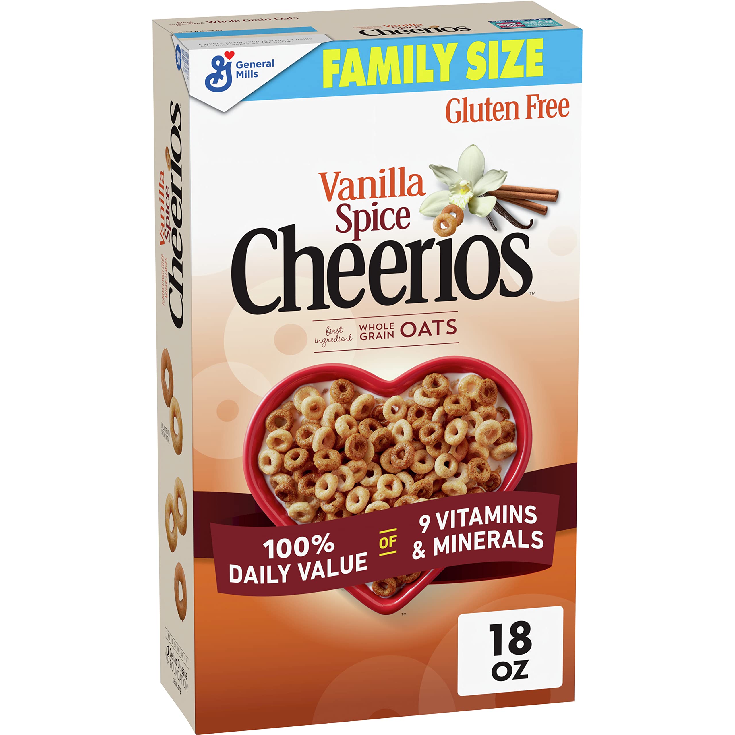 Vanilla Spice Cheerios Heart Healthy Cereal, Gluten Free Cereal With Whole Grain Oats, Family Size, 18 oz