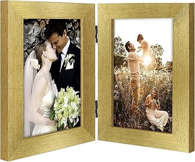 Golden State Art, 4x6 Double Picture Frame Vertical Hinged Photo Frame 2 Opening Folding Family Frames Collage, with Real Glass (4x6, Gold, 1-Pack)