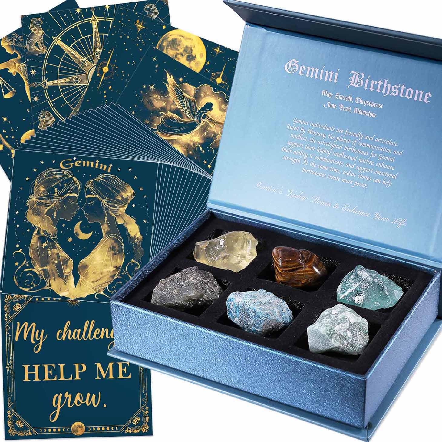 FaivykydFaivykyd Gemini Birthday Crystals Gifts - w/50 Daily Affirmations Cards and 6 Healing Crystals Natural Stones, Positive Affirmations with Inspirational Quotes, Spiritual Gifts for Women