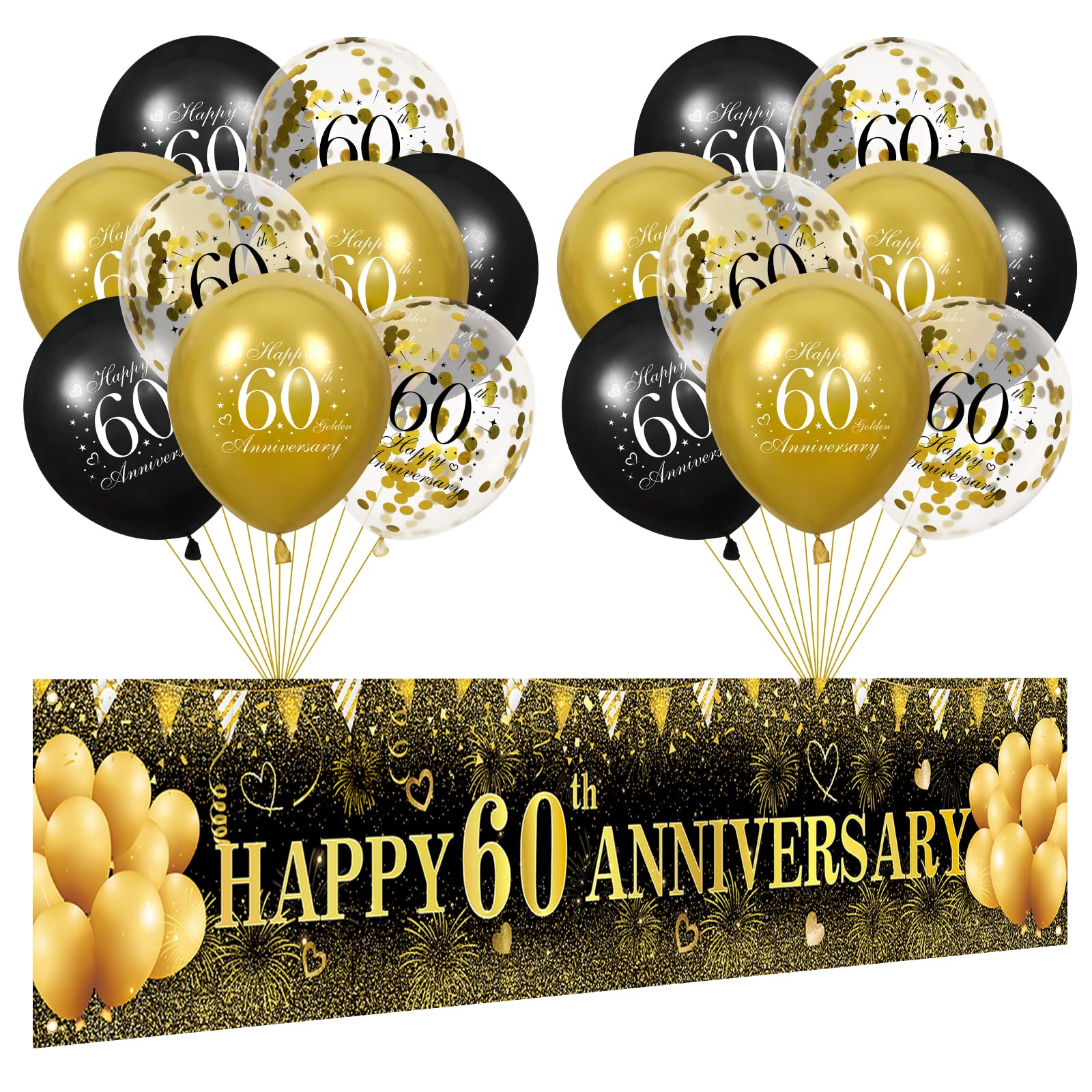 Amazon.com: 60th Wedding Anniversary Decorations, Black Gold Happy ...