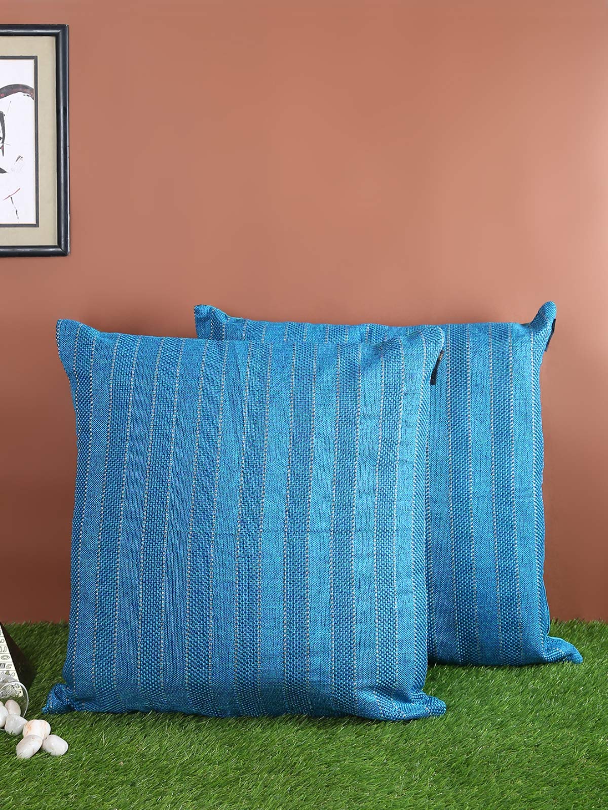 ROMEE Designer Woven Striped Pattern Cushion Cover 24 inch x 24 inch Set of 2 | Decorative Square Jute Throw Pillow/Cushion Cover for Living Room, Sofa, Couch, Bedroom (Blue)