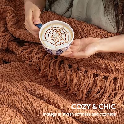 RECYCO Chenille Burnt Orange Knit Throw Blanket for Couch, Versatile Decorative Woven Knit Chenille Blanket for Bed, Super Soft Warm Cozy Knitted Throw Blanket with Tassels for Sofa, Chair, 50"x60"