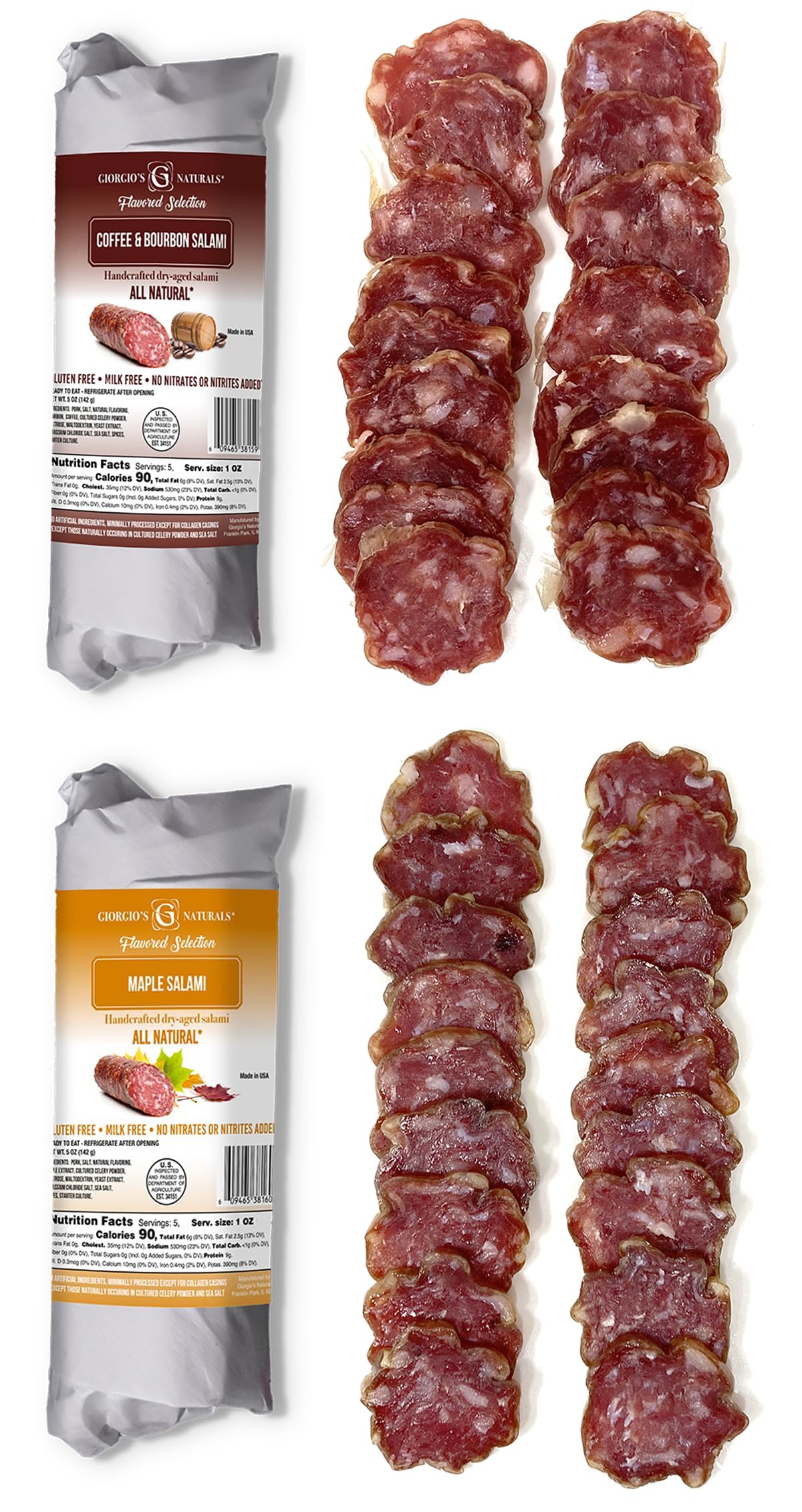 Giorgio’s Naturals Handcrafted Dry-Aged Salami Variety Pack of 2 – Coffee and Bourbon, & Maple Salami 5 Ounce, Italian Salami, Cured Meats, Charcuterie Board