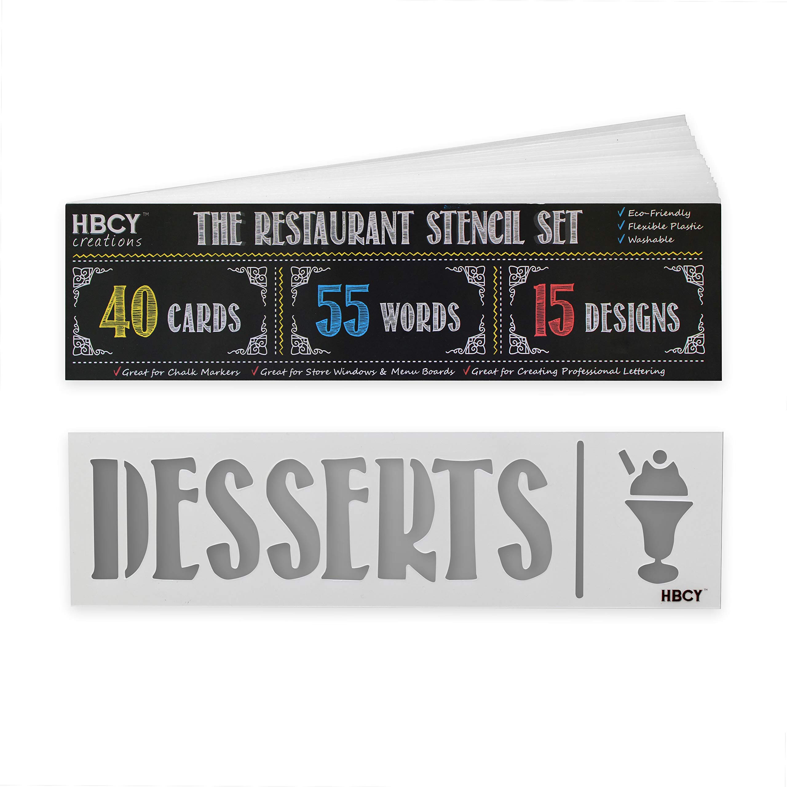 Restaurant Stencil Set - Create Stunning Menu Boards and Make Your Restaurant Menus Pop - Great For All Chalkboards, Whiteboards, Glass Windows and Displays! Mega Pack - 40 Cards, 55 Words, 15 Designs