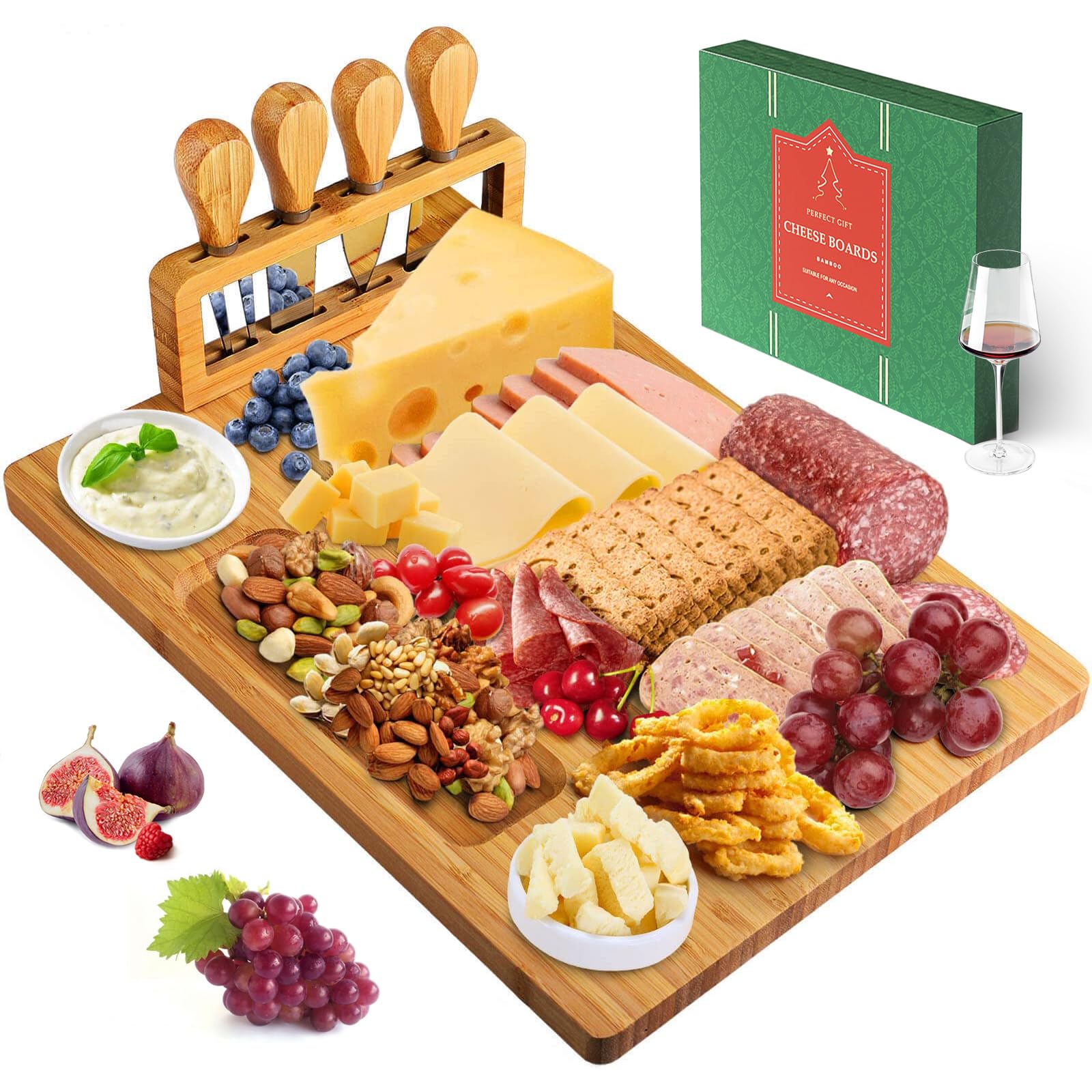 Xergur Bamboo Cheese Board Set - Charcuterie Boards and Serving Meat Platter, Cheese Tray with 4 Stainless Steel Cheese Knives Cutting Board Platter, Ideal for Halloween, Wedding, Christmas Gifts