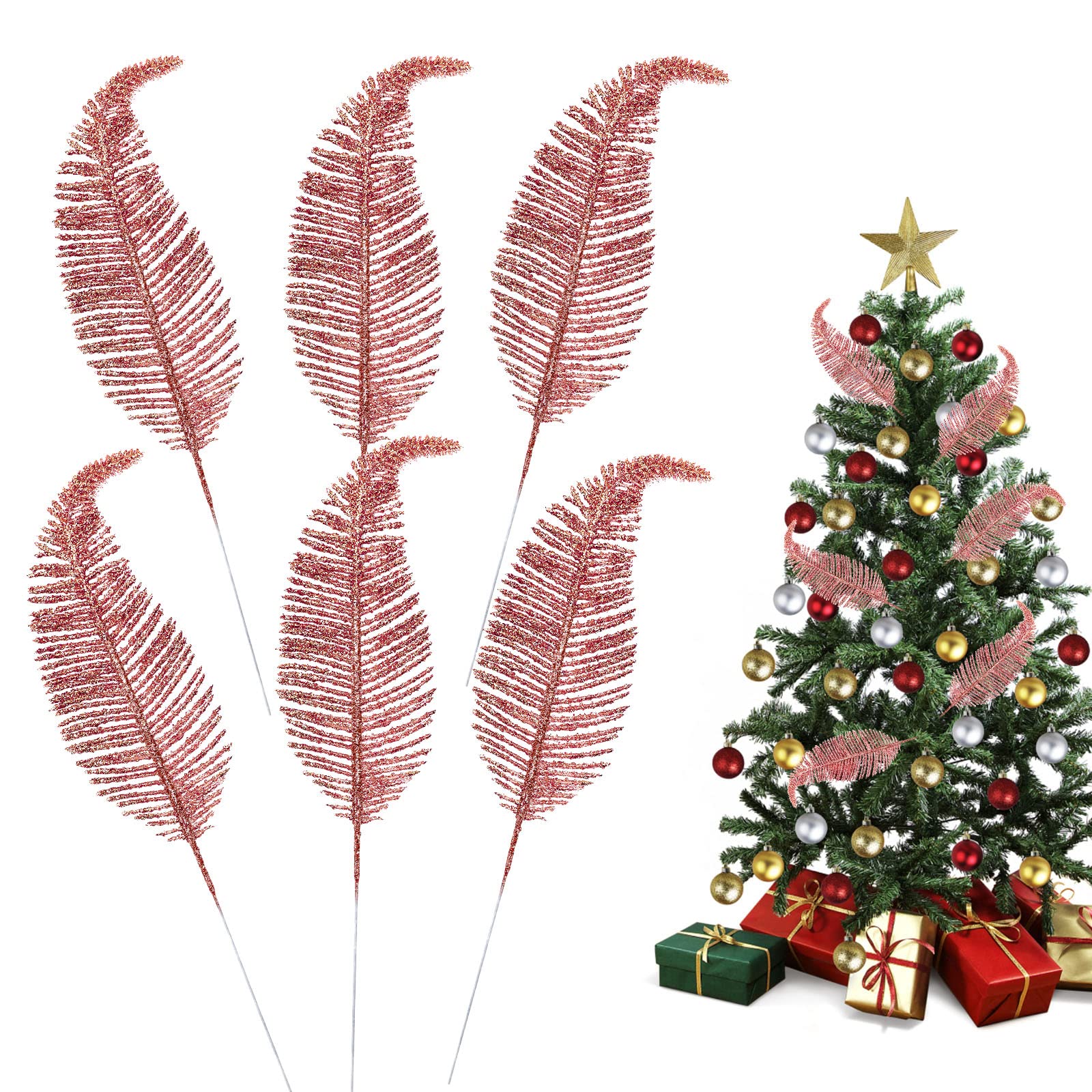 MOTONG 6PCS Christmas Tree Feather, Artificial Glitter Feather Ornament Glitter Powder Christmas Tree Baubles for Home Wedding Christmas Decorations (Rose Gold)