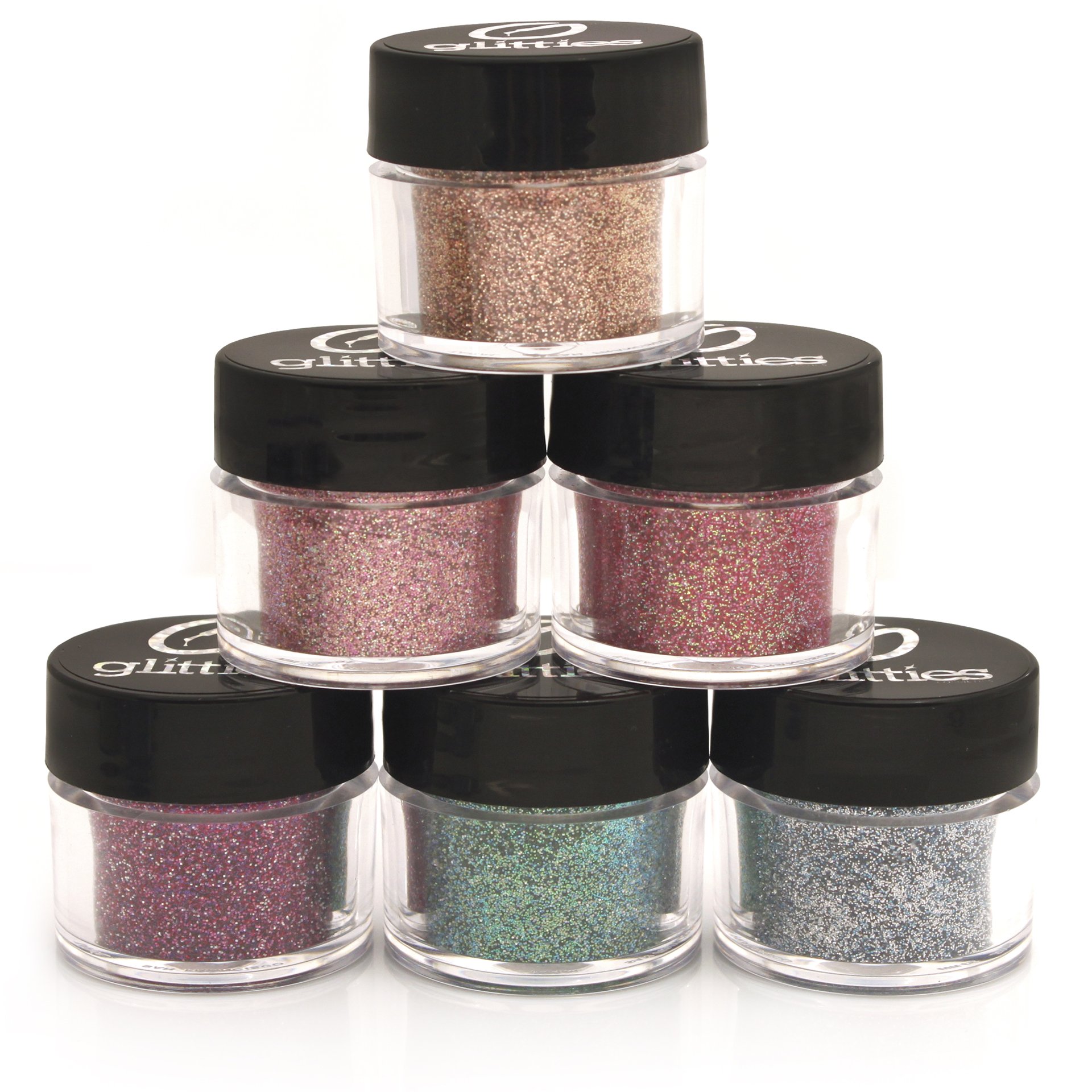 GLITTIES - (6PK) Custom Mixed Cosmetic Grade Glitter Kit - Ultra Fine Loose Glitter for Body Shimmer, Face, Makeup, Lips, Body Tattoos, Nail Art - (10 Gram Jars)