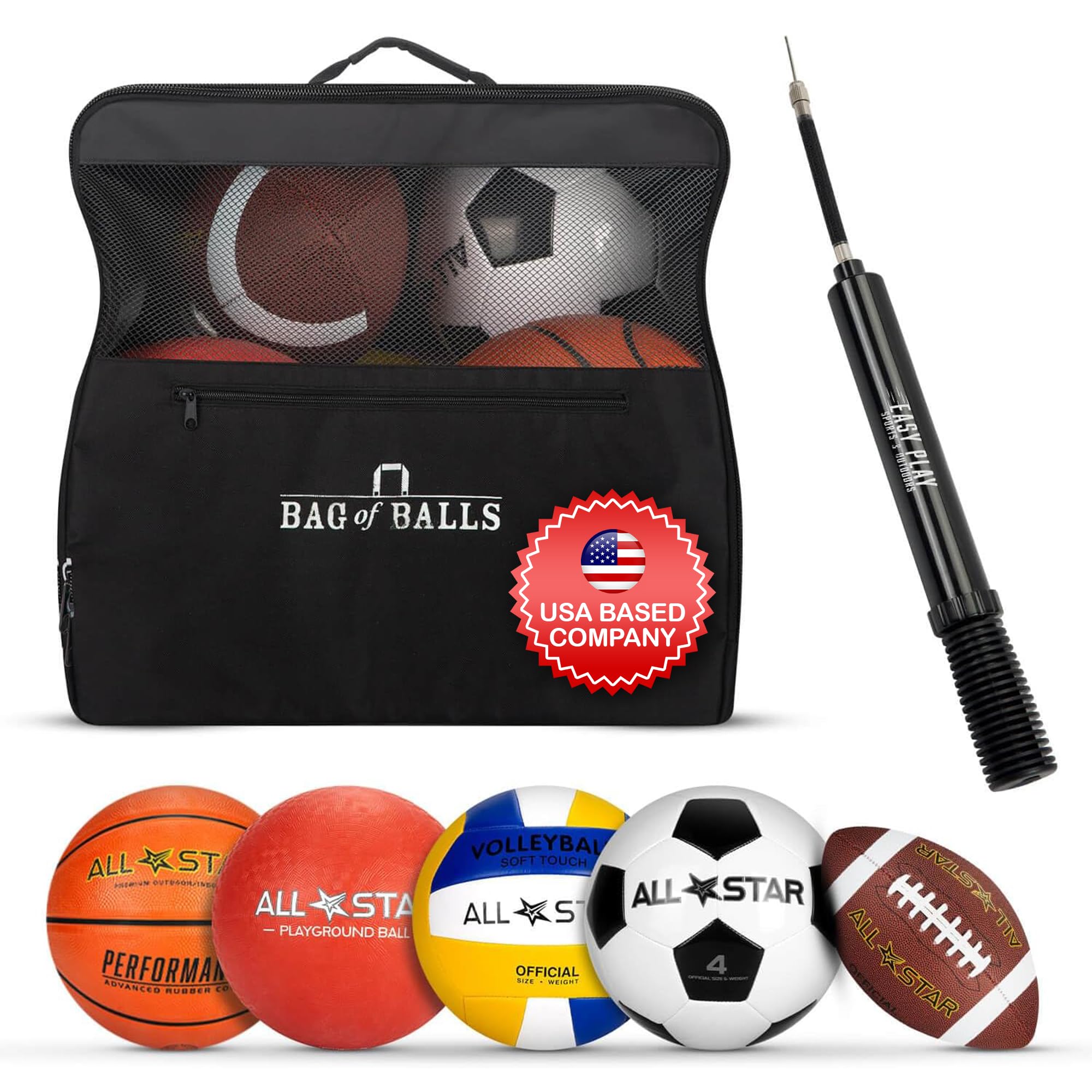 Complete Sports Balls w/Bag, Pump for Boys - Kickball, Volleyball, Soccer Ball, Football, Basketball - Outdoor Play