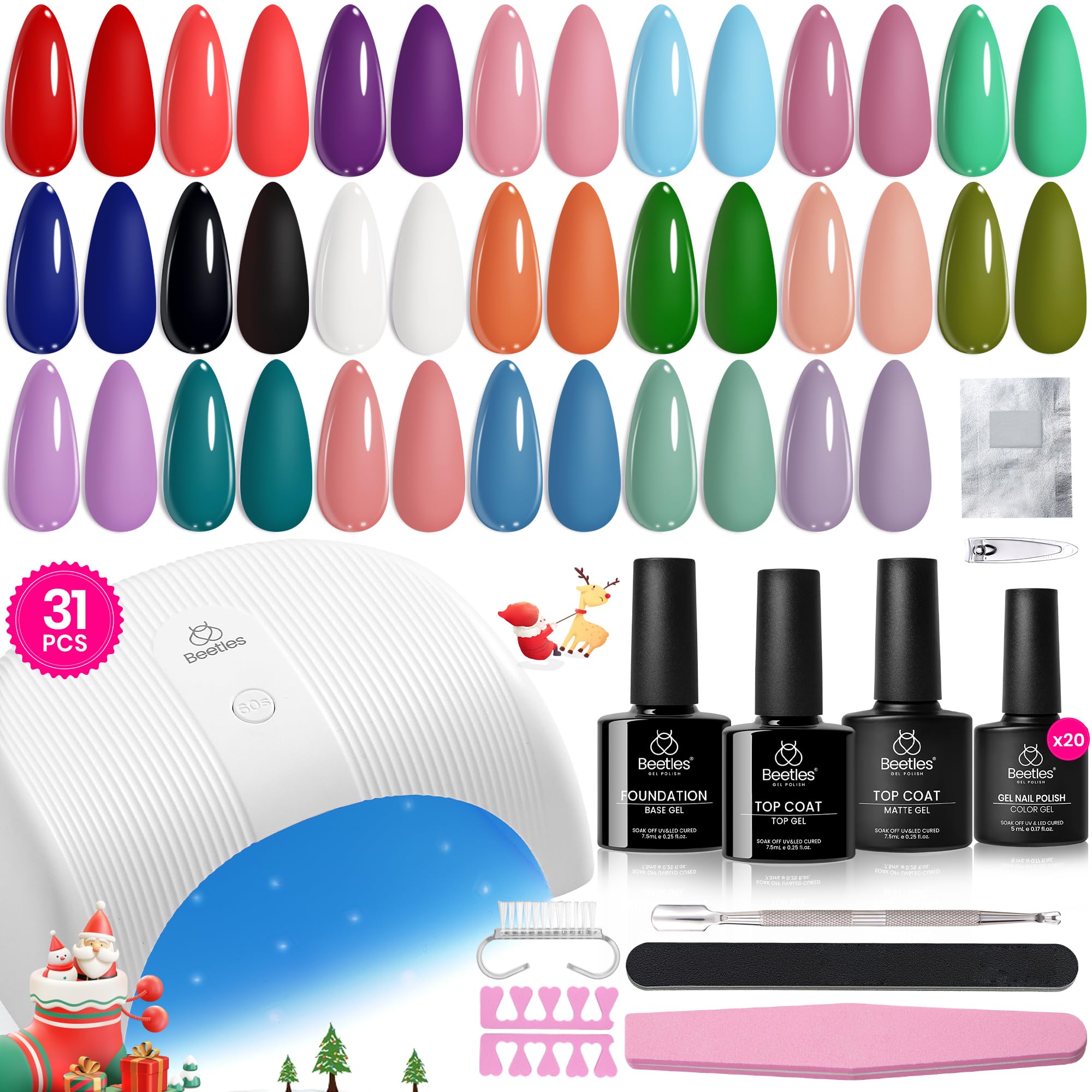 Beetles Gel Nail Polish Kit with UV Light - 31Pcs Nail Polish Set Popular Color Gel with Base and Matte&Glossy Top Coat Soak Off All Season Gel Nail Set Nail Art Gifts Manicure Kit for Women