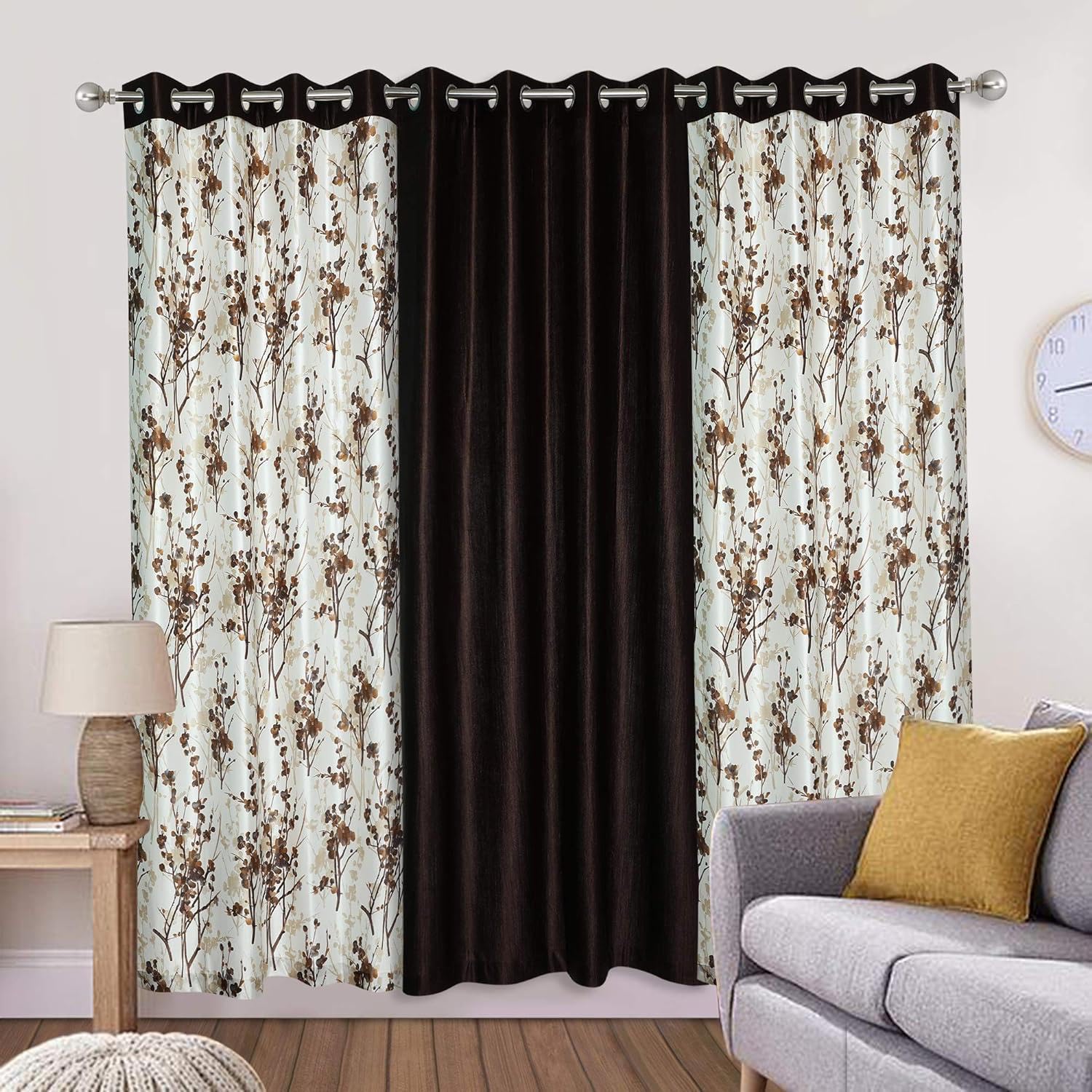 Ultica Fab Curtains 6 feet Set of 2 - Floral Printed Curtain Drapes for Living Room - Room Darkening Fancy Eyelet Panels for Kitchen Office, 4 x 6 Feet, Coffee