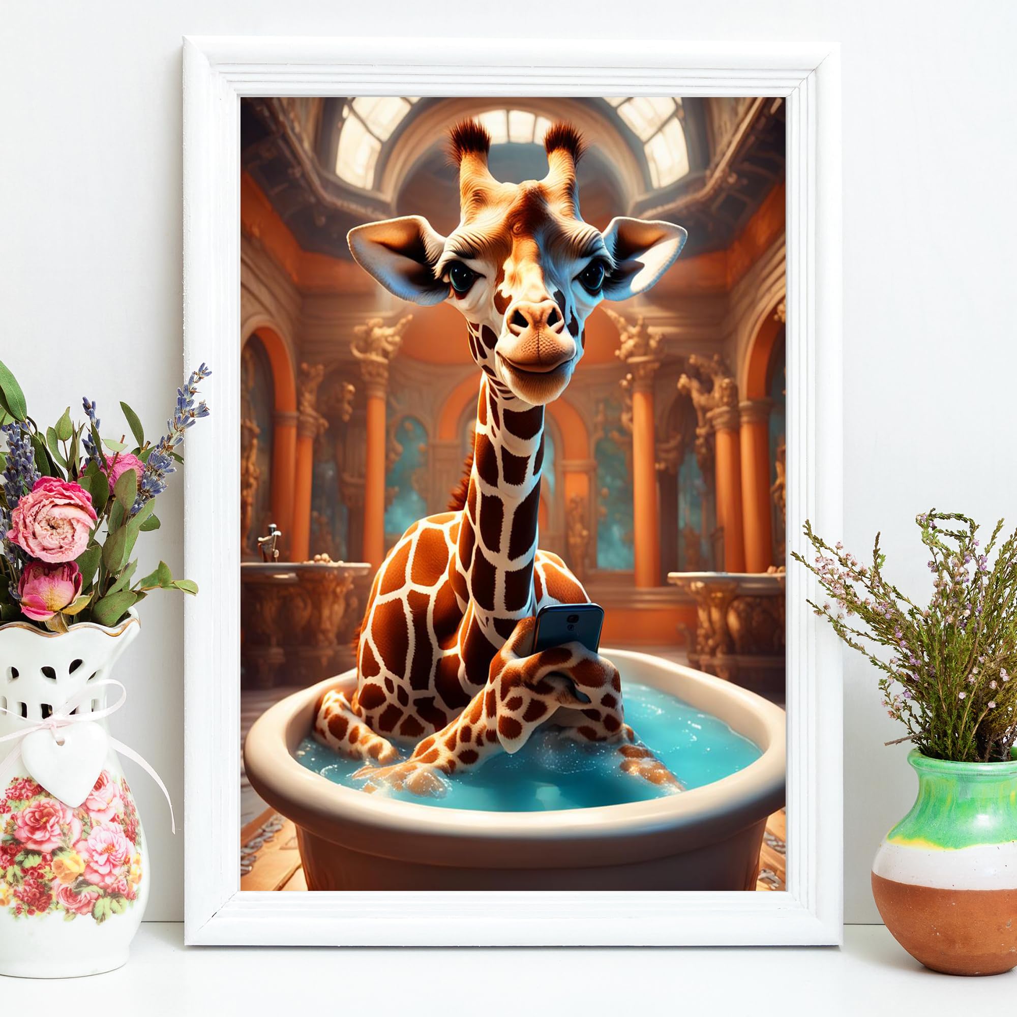 Giraffe Bathtime Chatter: Comical Bathroom Decor Wall Art Decor Print Bathroom Art Decor - A4