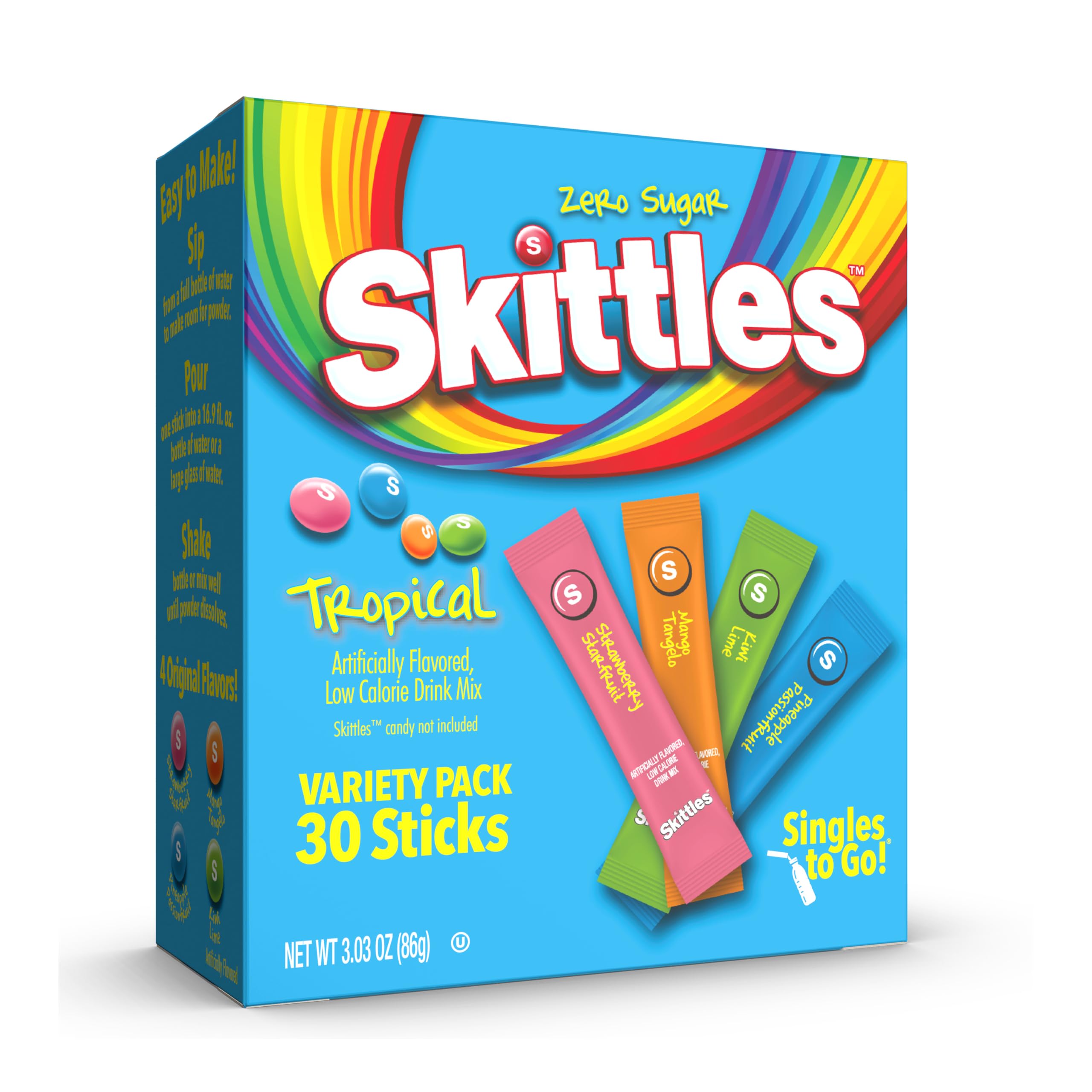 Skittles Singles To Go Tropical Variety Pack, Watertok Powdered Drink Mix, Includes 4 Flavors, Strawberry Starfruit, Mango Tangelo, Kiwi Lime, Pineapple Passionfruit, 1 Box (30 Servings)