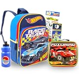 Hot Wheels Backpack and Lunch Box for Kids - 6 Pc Bundle with 16&apos;&apos; Hot Wheels Backpack&comma; Lunch Bag&comma; Water Bottle&comma; Cars and Trucks Stickers&comma; and More