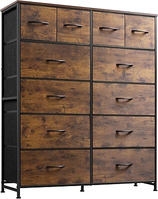 WLIVE Tall Dresser for Bedroom with 12 Drawers, Chests of Drawers, Fabric Dresser for Bedroom, Closet, Fabric Storage Dresser with Drawers, Steel Frame, Rustic Brown Wood Grain Print