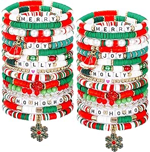 32 Pcs Christmas Bracelets Set Stackable Heishi Surfer Bracelet Beaded Christmas Bracelets Bulk Women&#39;s Clay Stretch Bracelet for Women Holidays Christmas Gift Supplies