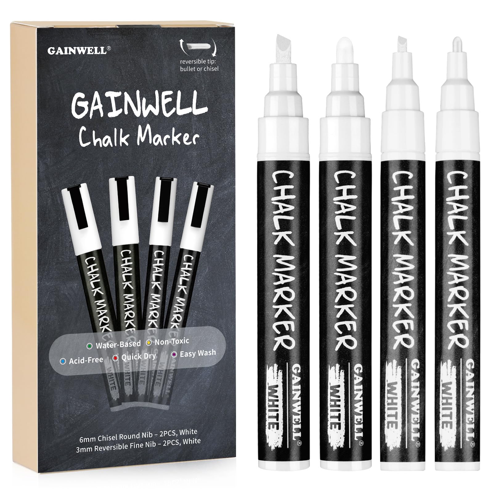 GAINWELLWhite Liquid Chalk Markers 3mm and 6mm Nibs - Use on Chalkboard, Whiteboard, Glass - 4 Pack - Water Based Wet Wipe Erasable Pen