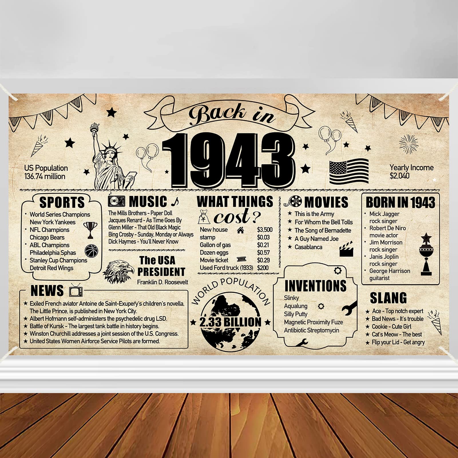 Large 80th Birthday Decorations Back in 1943 Banner for Men Women, 80th Birthday  Background Sign Party Supplies, Eighty Years Old Birthday Photo Props for  Indoor Outdoor