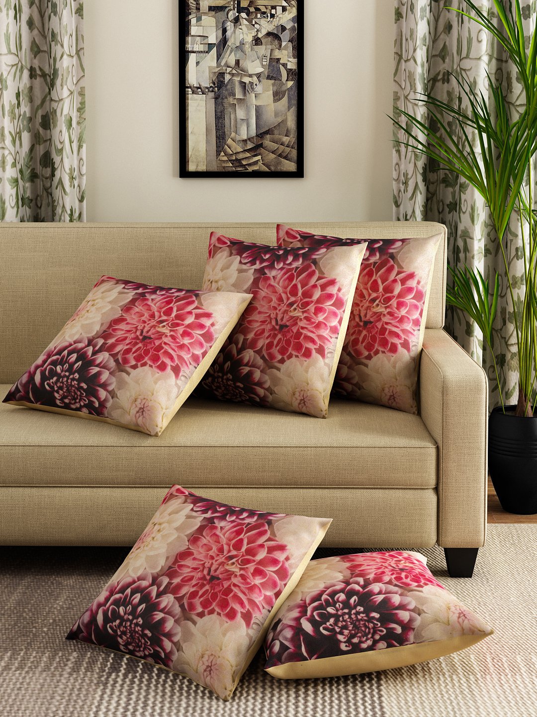 Romee Flower Print Floral 5 Piece Polyester Cushion Cover Set - 16" x 16", Multicolour