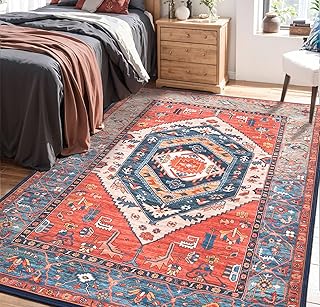 SERISSA Area Rug 3x5 Boho Rust Rugs for Bedroom, Washable Kitchen Rugs Non-Slip, Ultra Soft Print Distressed Tribal Entry ...