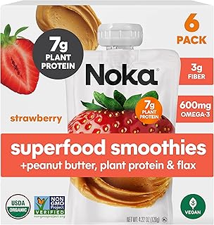 Noka Superfood Fruit & Nut Butter Smoothie Pouches, Healthy Snacks (Strawberry Peanut Butter) 6 Pack, Vegan, Plant Protei...