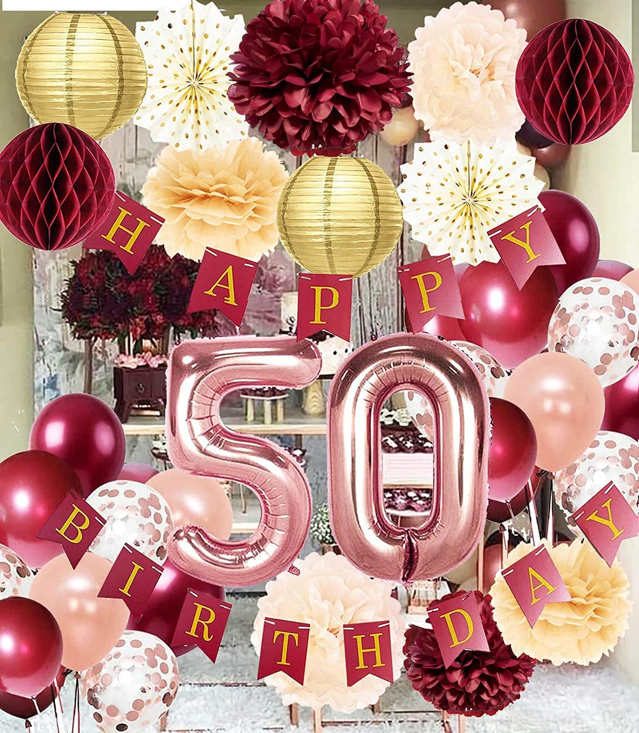 Amazon.com: 50th Birthday Decorations for Women Burgundy Rose Gold ...