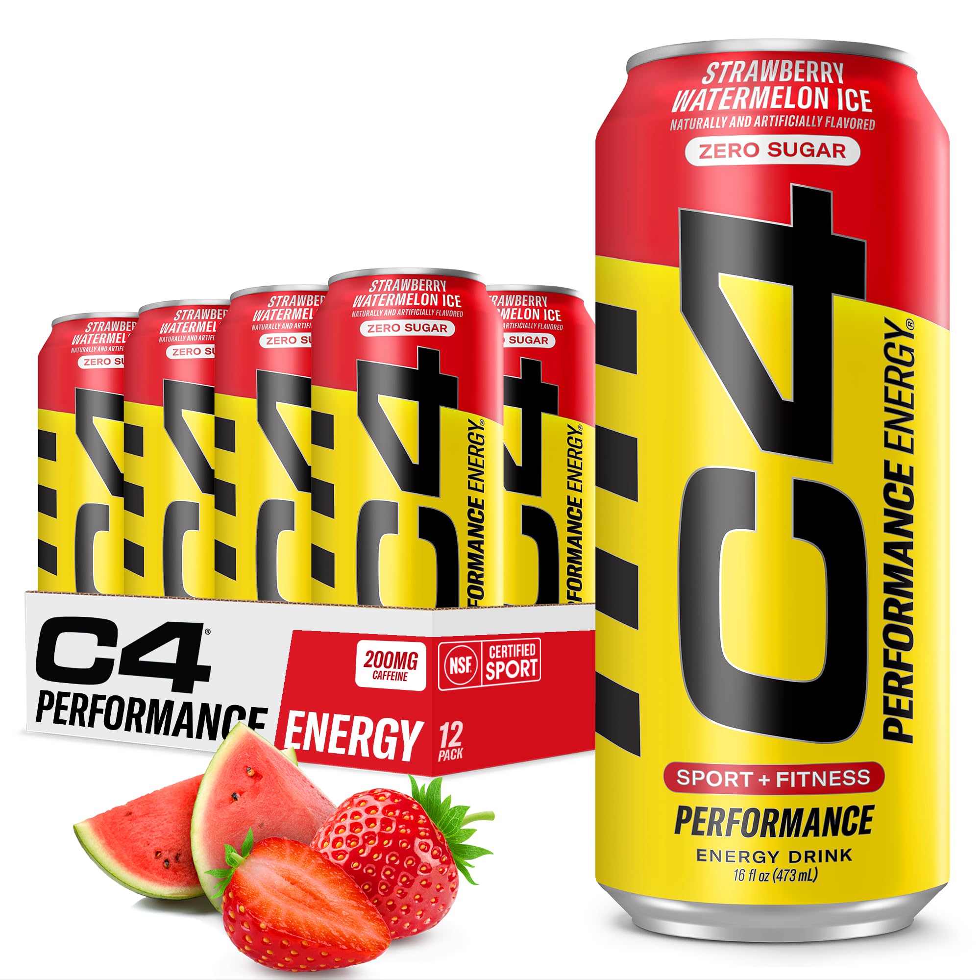 C4 Energy Drink 16oz (Pack of 12) - Strawberry Watermelon Ice - Sugar Free Pre Workout Performance Drink with No Artificial Colors or Dyes