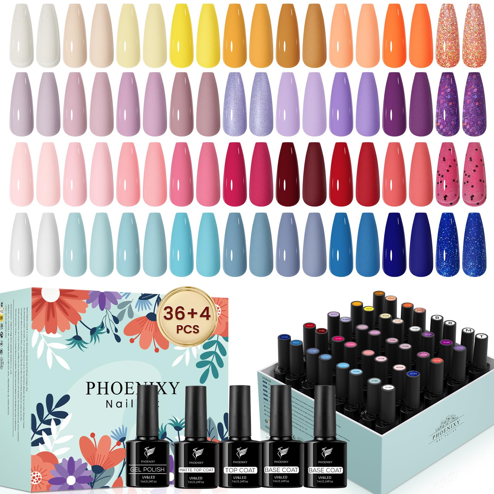 Gel Nail Polish Set, Phoenixy 36 Colours 72 Effects U V Gel Nail Polish with Glossy Matte Base Top Coat, Red Blue Purple Orange Soak Off Gel Nail Polish Kit Gift for Women