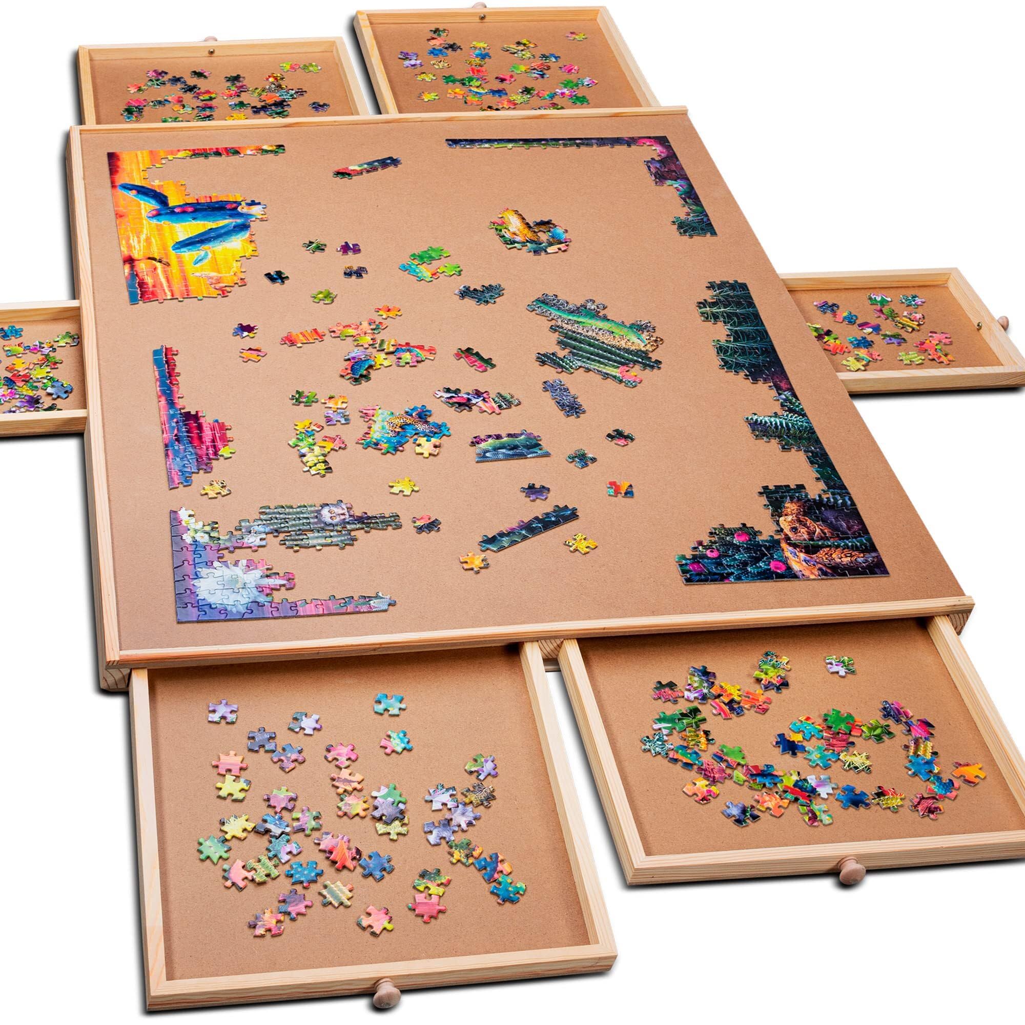 PLAYVIBE 1500 Piece Puzzle Board with Drawers  Jigsaw Puzzle Table with 6 Drawers, 27" x 35"  Wooden Puzzle Organizer  Portable Puzzle Board