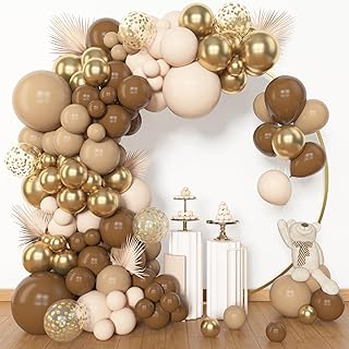 Amandir 153pcs Brown Balloon Garland Arch Kit, Different Sizes 18 12 10 5 inch Brown Nude Latex Metallic Confetti Gold Bal...