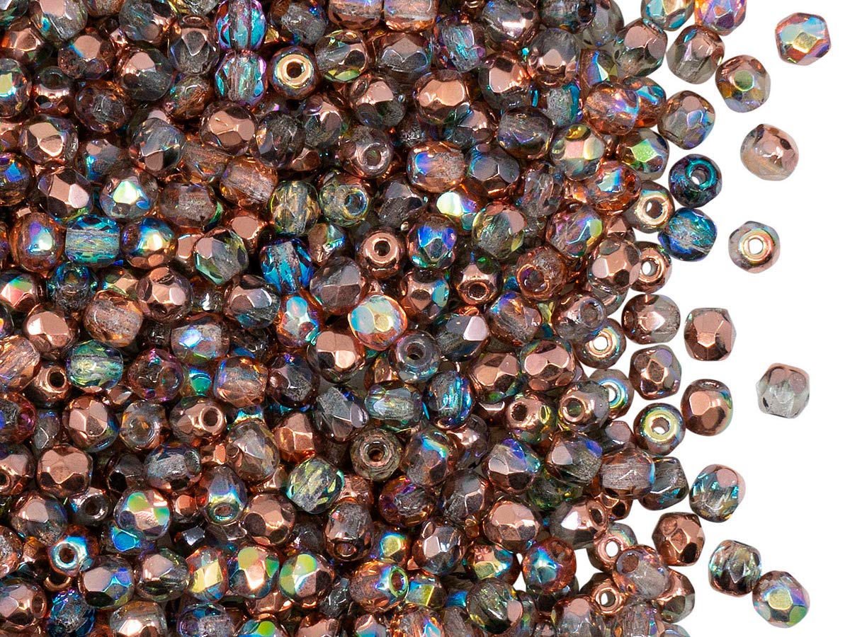 600 Beads Czech Fire-Polished Faceted Glass Beads Round 3mm 1/2 Mass, Crystal Copper Rainbow