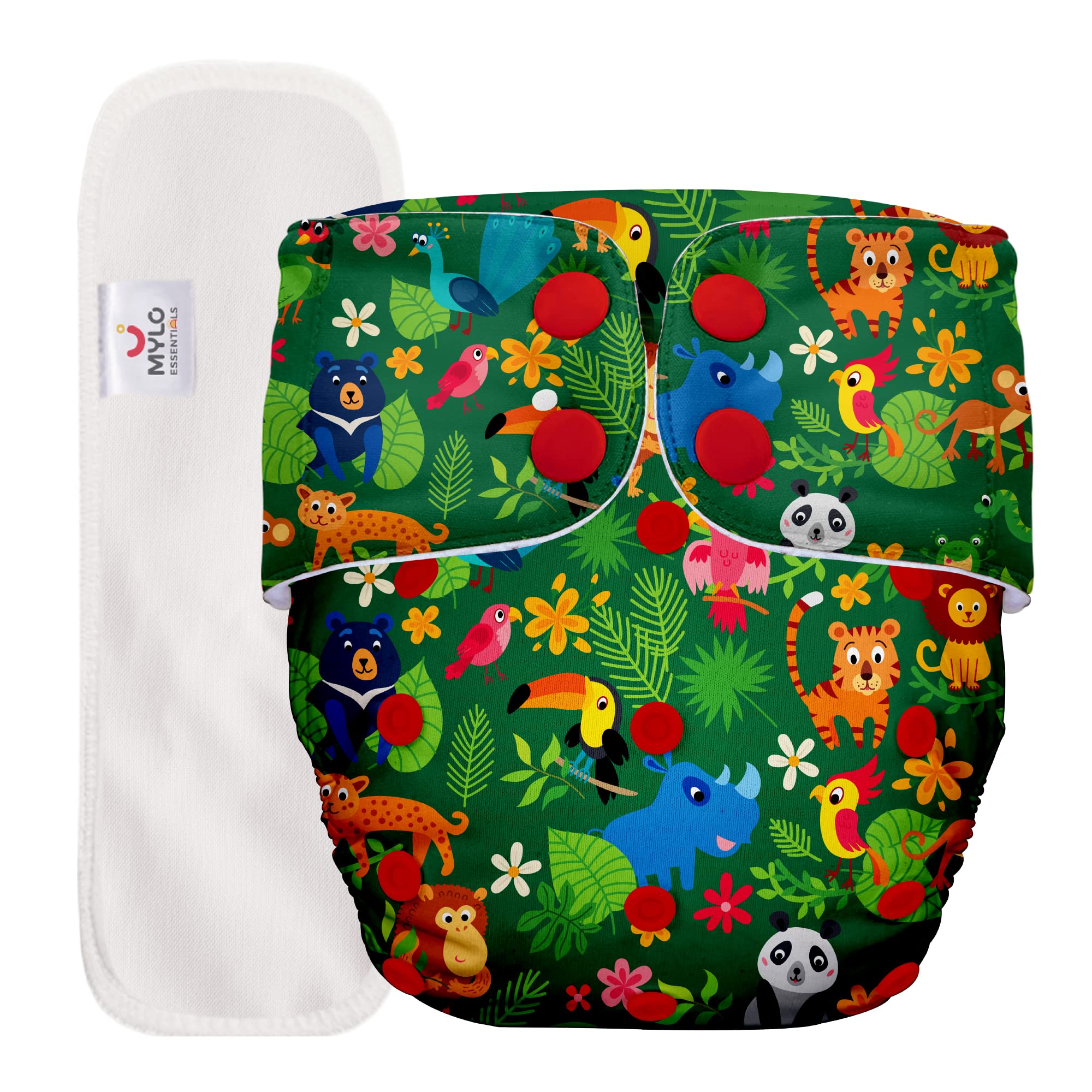 Mylo Essentials 100% Cloth Diapers for Babies (3M to 3Y), Reusable, Washable with Adjustment Wet-Free Insert Pads Oeko-Tex Certified (Jungle Pack of 1)