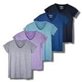 5 Pack&colon; Women&apos;s Short Sleeve V-Neck Activewear T-Shirt Dry-Fit Wicking Yoga Top &lpar;Available in Plus&rpar;