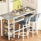 DKLGG 47" Bar Table and Chair Set&comma; Small Kitchen Counter Dining Table Set for 2&comma; 3 Piece Bar Height Table with 2 Stools & Storage&comma; Pub Table Dining Set for Breakfast Nook&comma; Small Space&comma; Grey