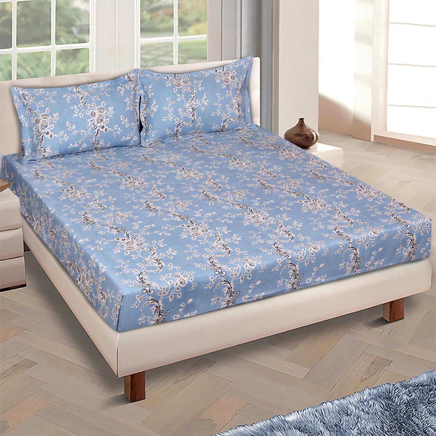 ROMEE Floral Printed Bedsheet for Double Bed, 144 Tc Double Bed Sheet Cotton Poly with 2 Pillow Covers, Modern Luxurious & Soft Double Queen Size Bedsheet - 90 X 100 Inches, Blue