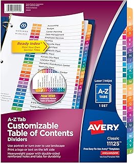 Avery A-Z Tab Dividers for 3 Ring Binders, Customizable Table of Contents, Multicolor Tabs, 1 Set (11125)