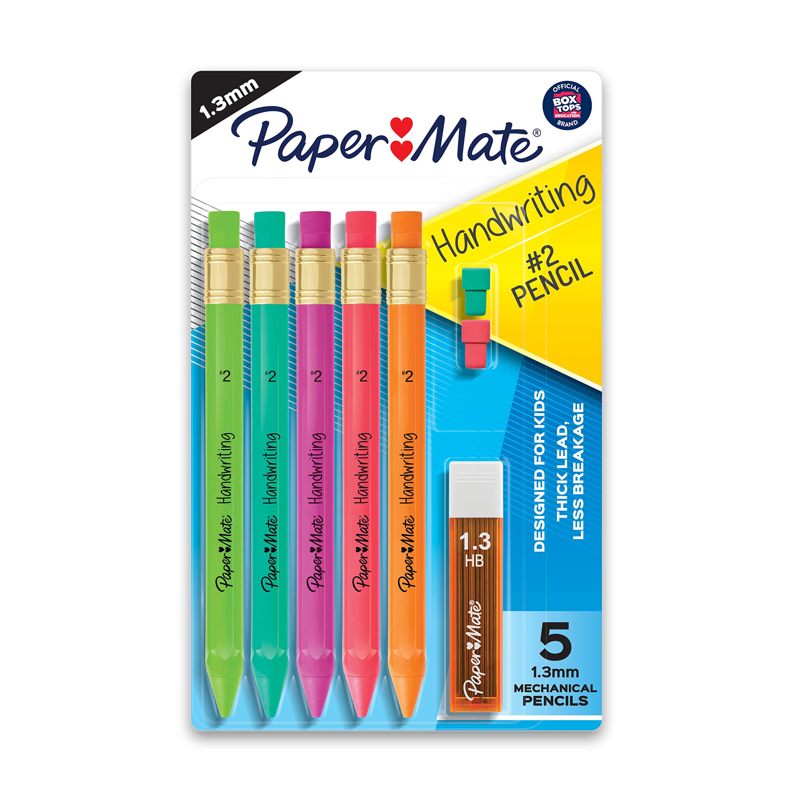 Paper Mate Handwriting Triangular Mechanical Pencil Set with Lead & Eraser Refills, 1.3mm, School Supplies, Office Supplies, Sketching Pencils, Drafting Pencil, Fun Barrel Colors, 8 Count