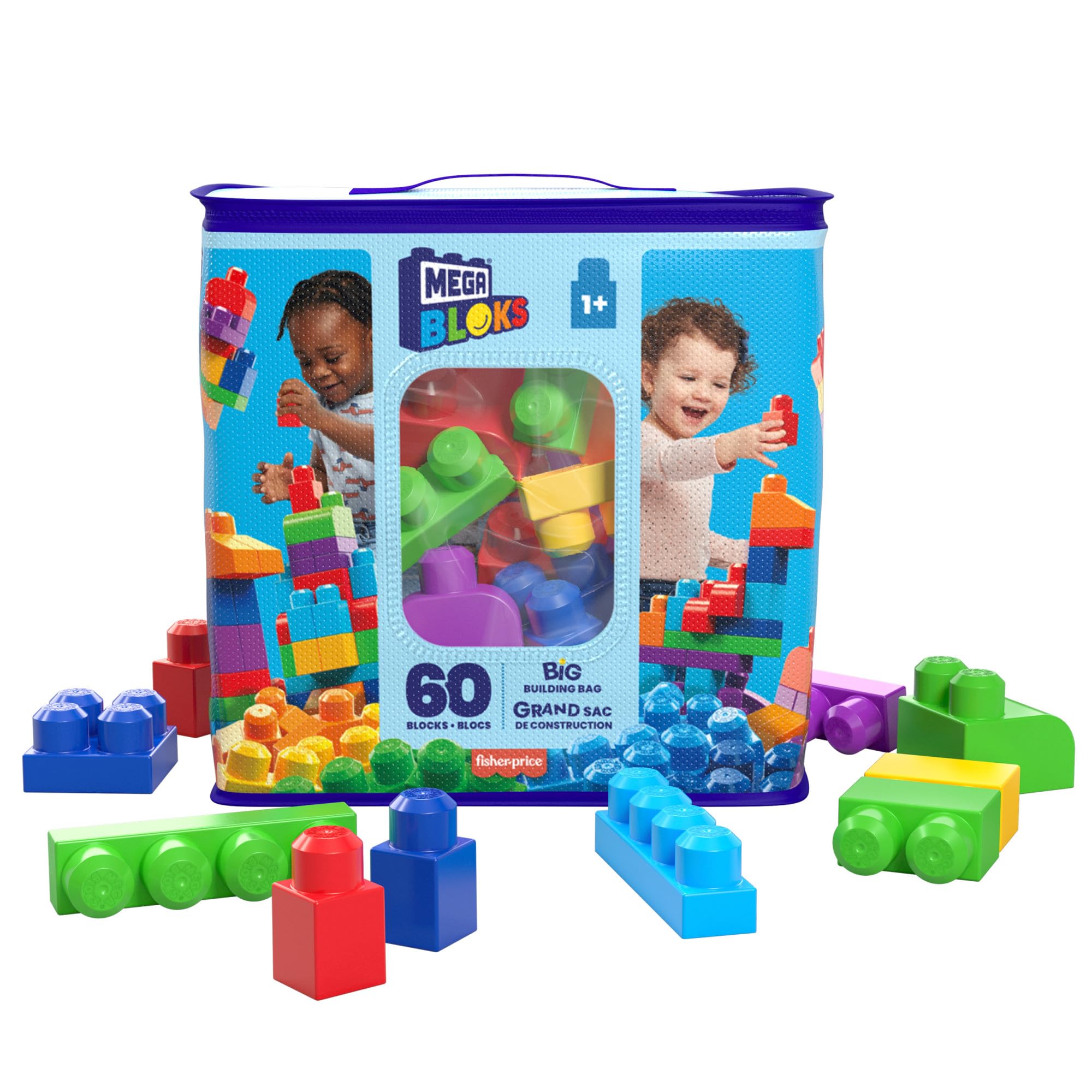 Mega Bloks Big Building Bag Building Set With 60 Big And Colourful Building Blocks, And 1 Storage Bag, Toy Gift Set For Ages 1 And Up