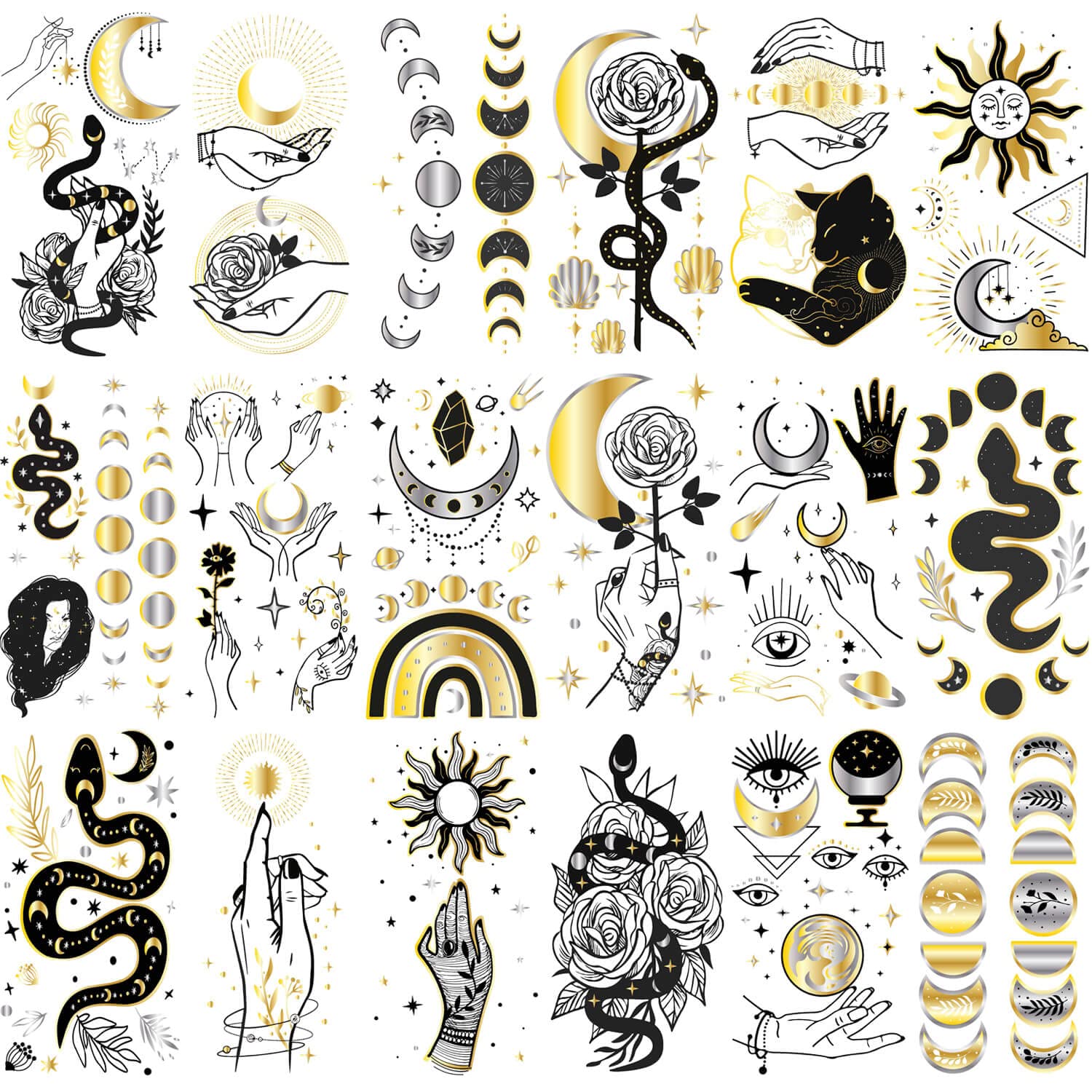 glaryyears 18 Sheets Black Metallic Gold Silver Tattoos for Men Women Adult, Snake Sun Moon Star Flower Designs Temporary Tattoo Stickers on Arm Back Clavicle Hand Waterproof Body Art Small Size