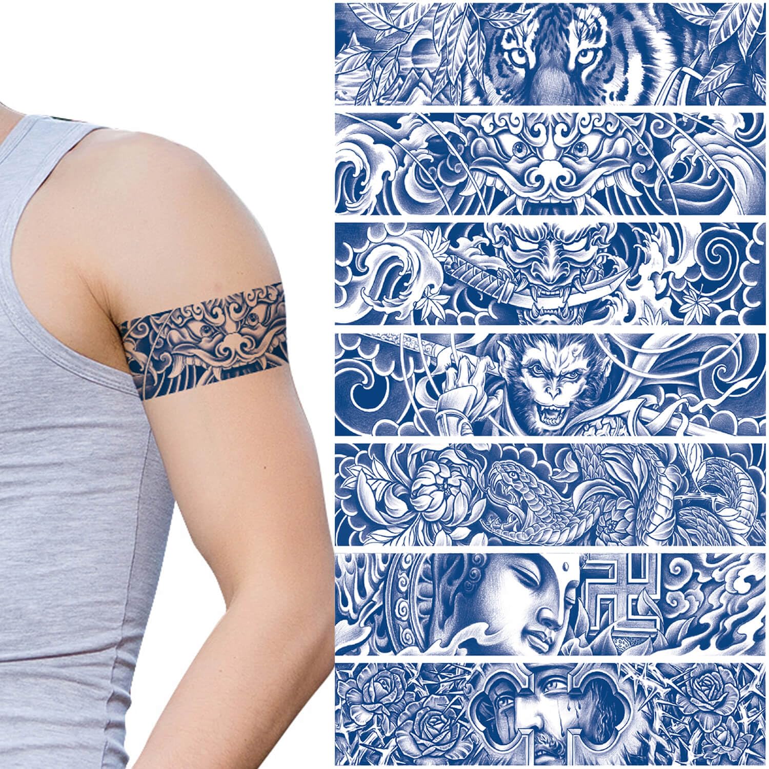 GLARYYEARS Arm Band Temporary Tattoo - 7 Pack Long Semi Permanent Tattoo for Men Boys, Realistic Buddha Dragon Devil Style 2 Weeks Long Lasting Fake Tattoos, ArmBand Tattoos for Wrist, Ankle Circle