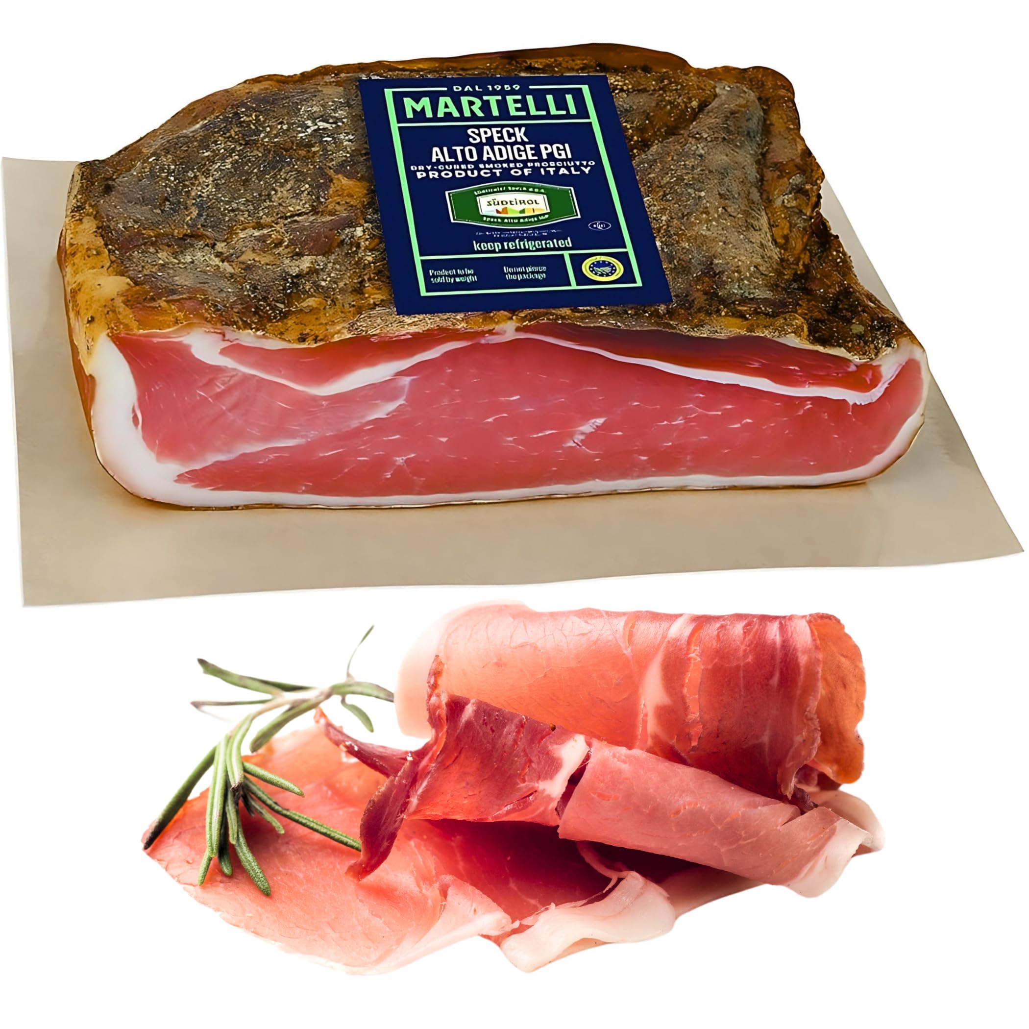 Speck Alto Adige 6lb +/- (4.5 lbs - 6 lbs piece), Smoked Prosciutto Ham Imported from Italy, Dry-Cured for 6 Months in South Tyrol, Italian Smoked Ham Ready to Slice