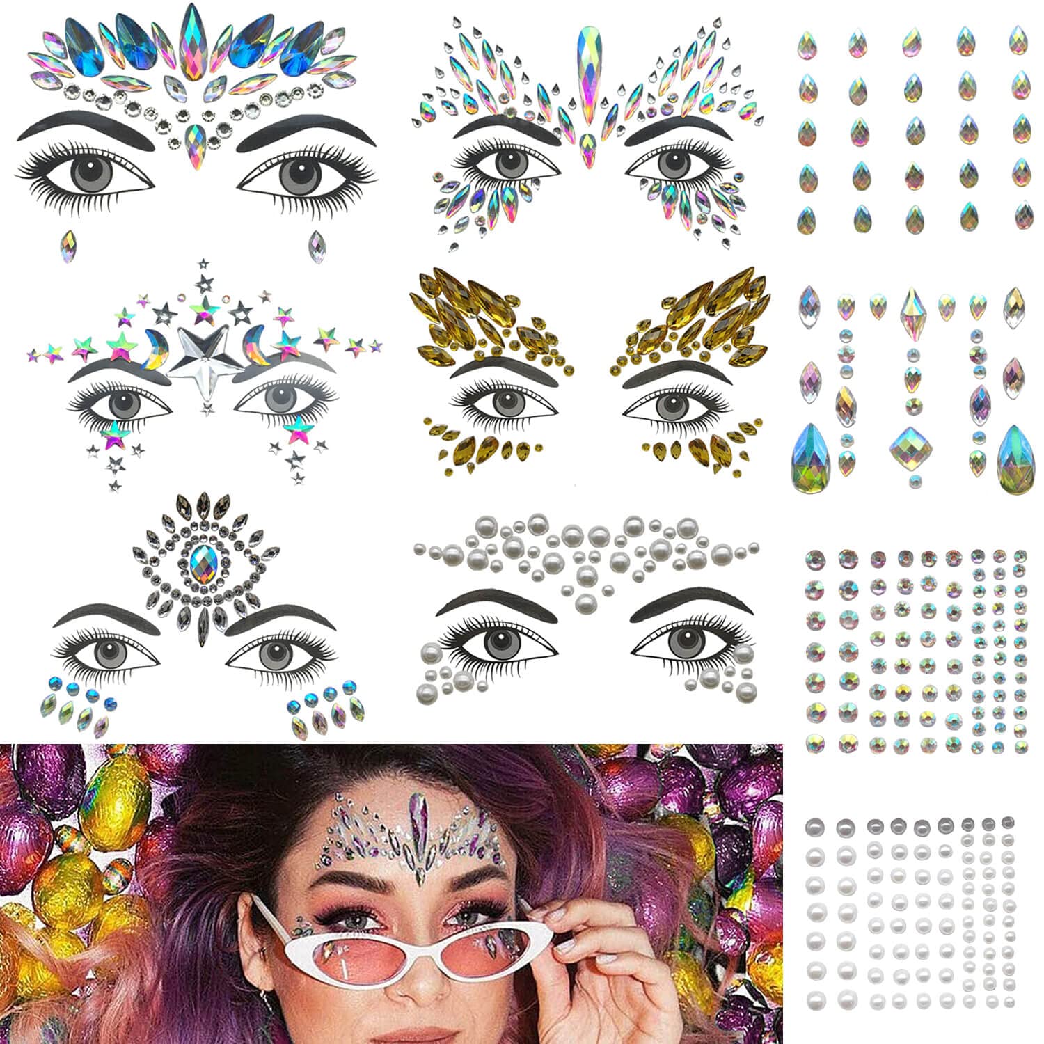 GLARYYEARS Face Jewels, 10-Pack Face Gems Rhinestones Diamonds Pearls, Face Jewelry Crystals Tattoo Stickers, Style Eye Stars Rave Accessories for Festival Holiday Costumes & Makeup