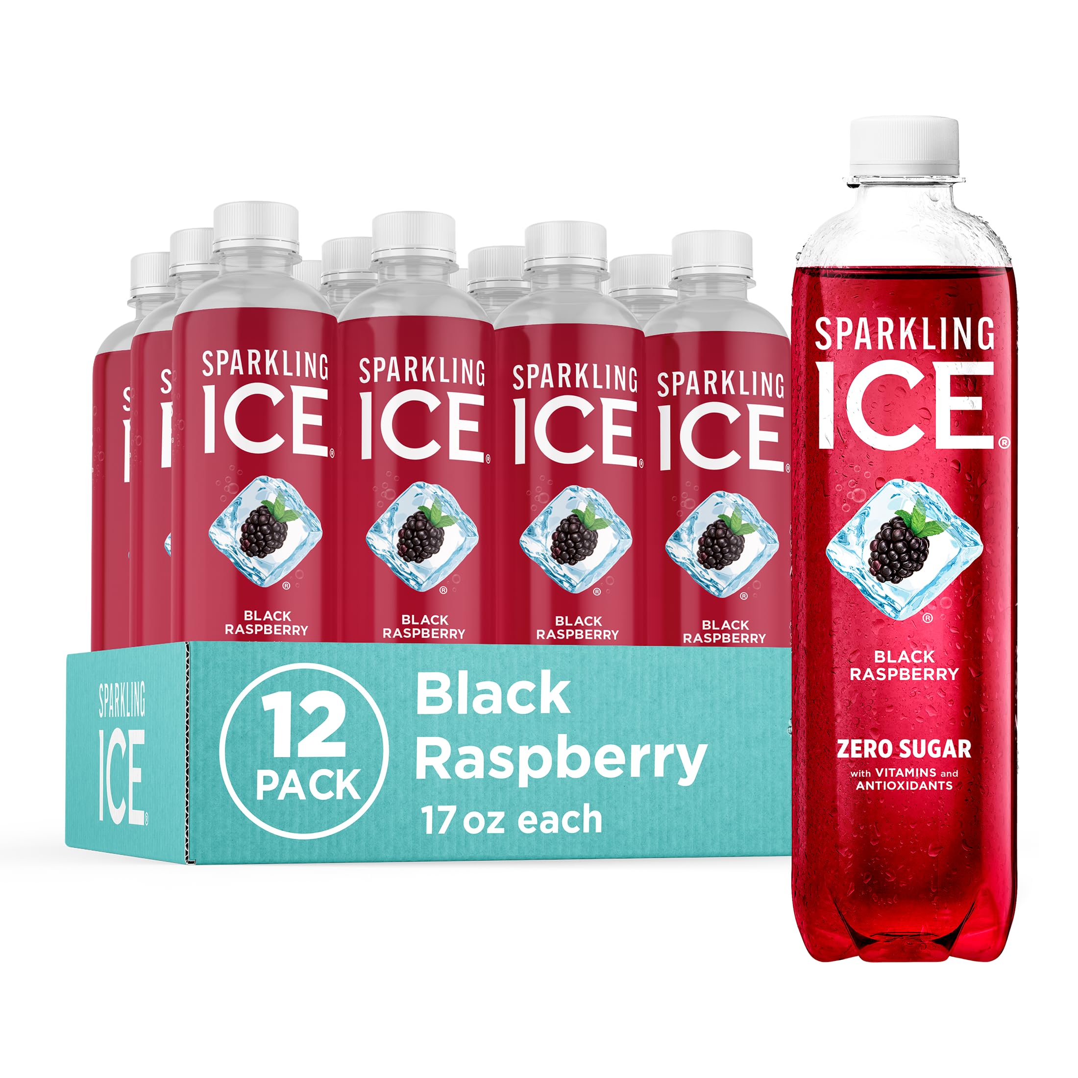 Sparkling Ice, Black Raspberry Sparkling Water, Zero Sugar Flavored Water, with Vitamins and Antioxidants, Low Calorie Beverage, 17 fl oz Bottles (Pack of 12)