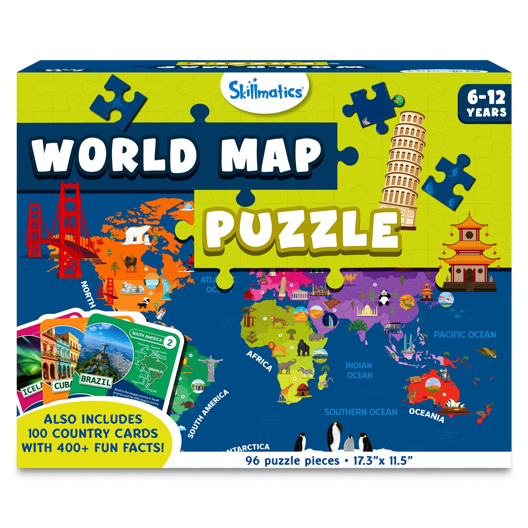 Skillmatics World Map Puzzle - 96 Piece Jigsaw Puzzle, Educational Toy, Geography for Kids, 400+ Facts, Gifts for Boys & Girls Ages 6 to 12