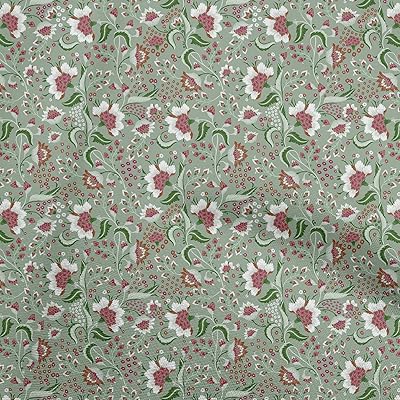 oneOone Cotton Poplin Light Green Fabric Jacobean Floral Dress Material Fabric Print Fabric by The Yard 42 Inch Wide