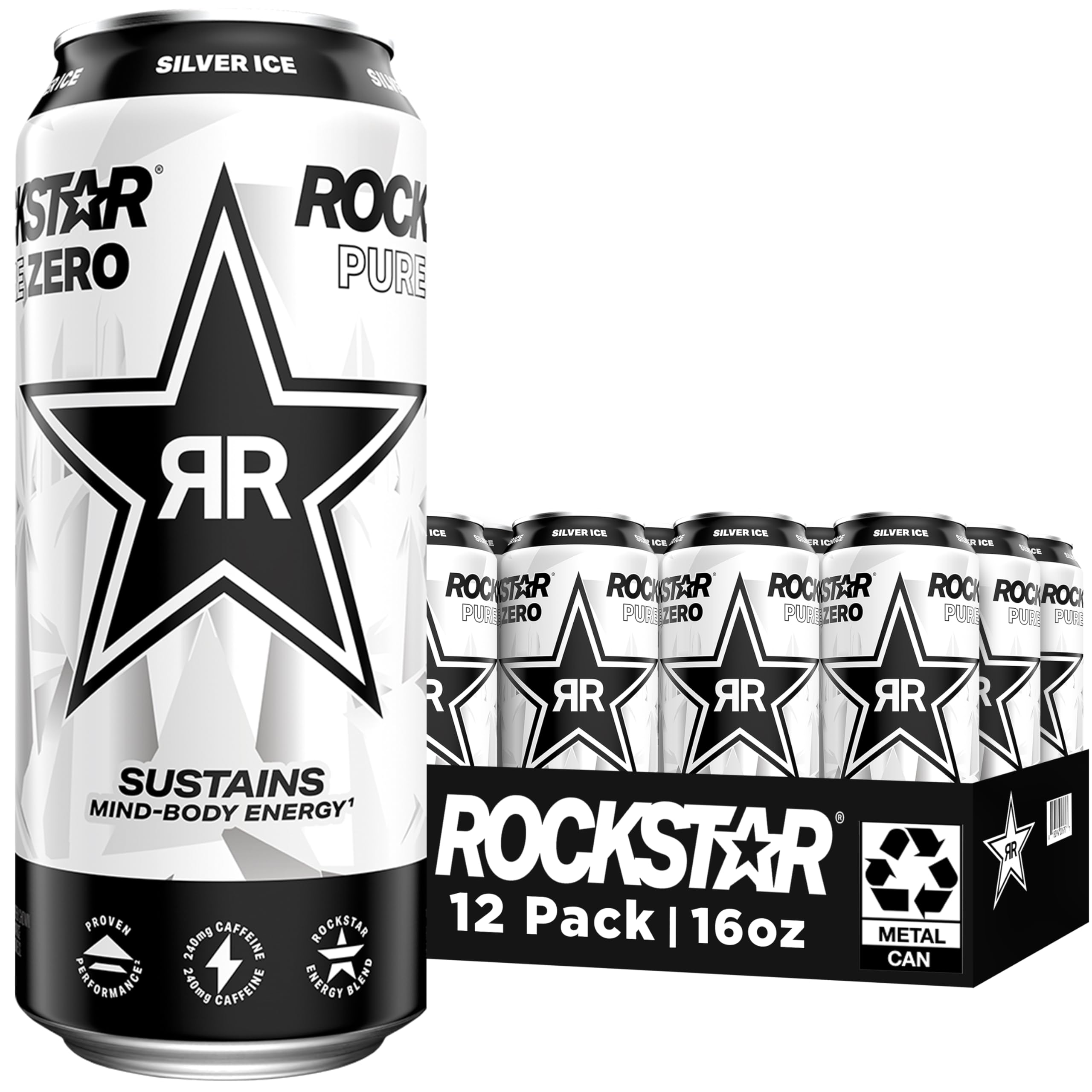 Rockstar Pure Zero Energy Drink, Silver Ice, 0 Sugar, with Caffeine and Taurine, 16oz Cans (Pack of 12) (Packaging May Vary)