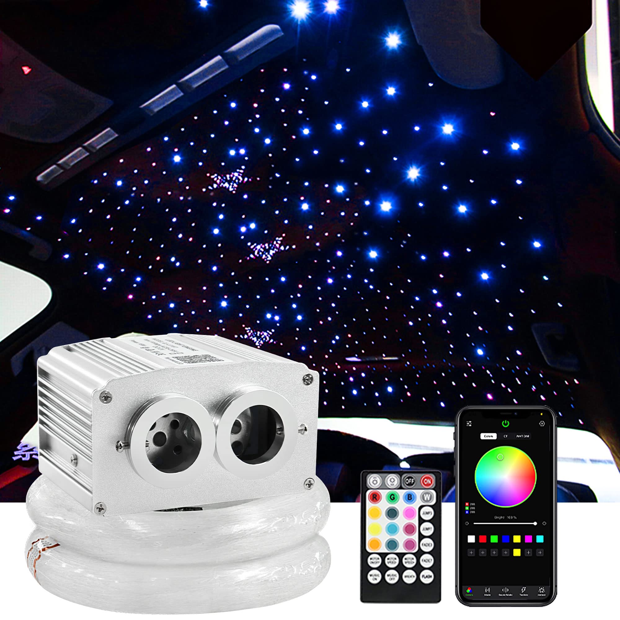 ATOKEE Fiber Optic Lights, 16W Dual Port Twinkle Starlight Headliner Kit for Car Ceiling Home Use, 600pcs*0.03in*9.8ft Star Lights for Car Controlled Via APP / Remote