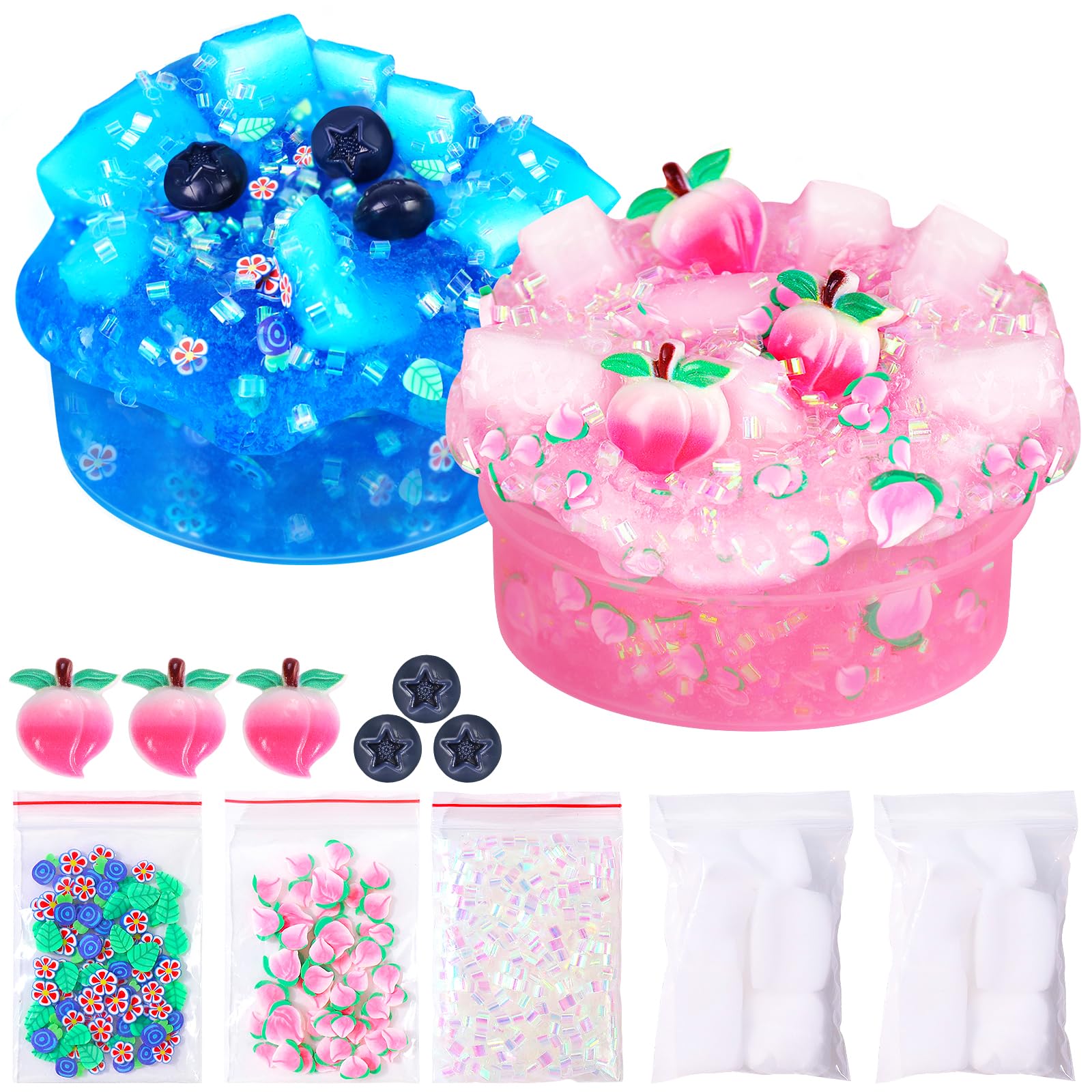 2 Pack Jelly Cube Crunchy Slime, Birthday Easter Gifts for Kids, Pink Peach and Blue Blueberries Soft Non-Stick Slime Kit, Crystal Glue Boba Slime, Easter Birthday Goodie Bag Basket Stuffers